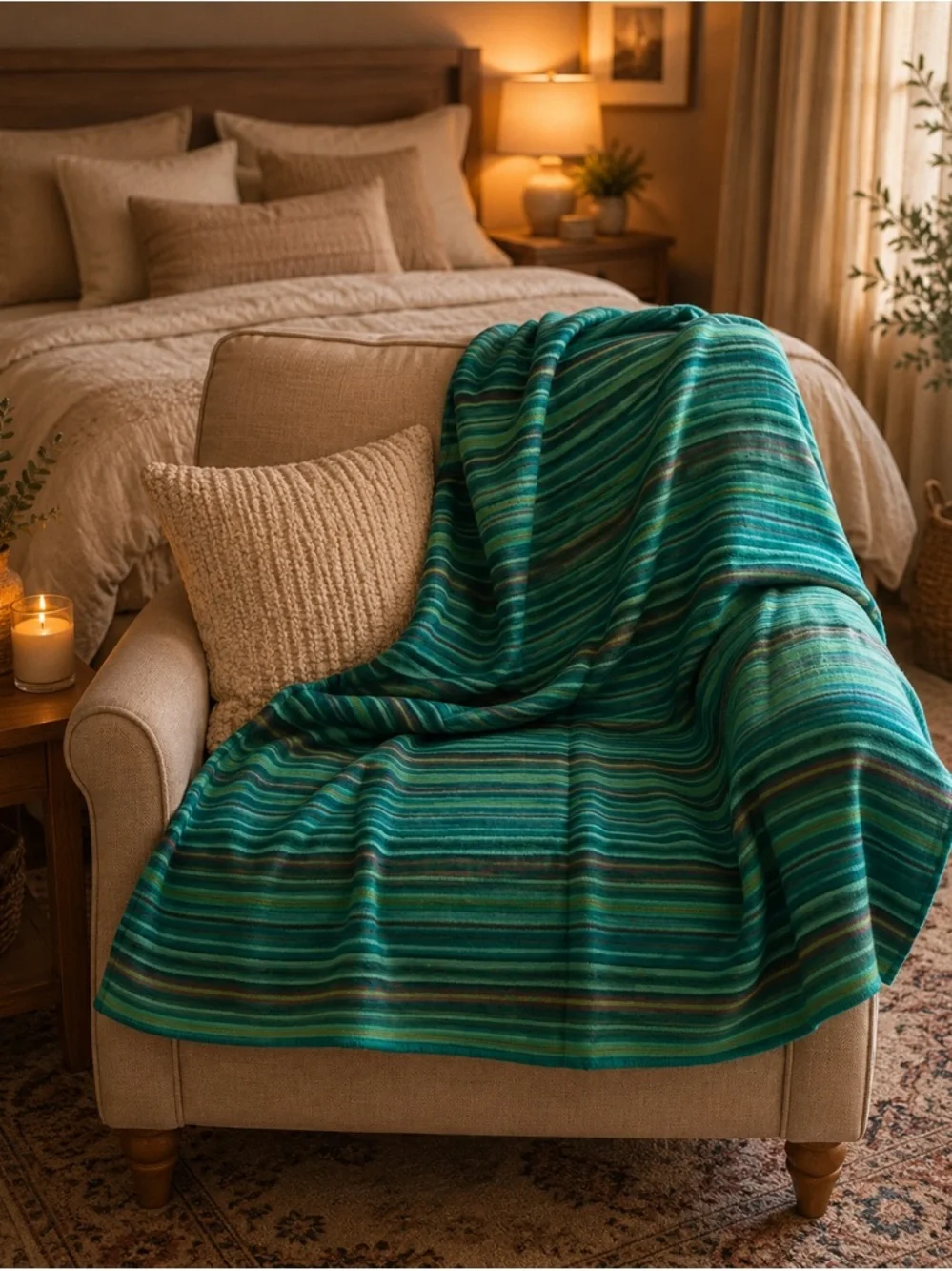 New Alpaca Striped Teal Throw Blanket - Cozy Accent